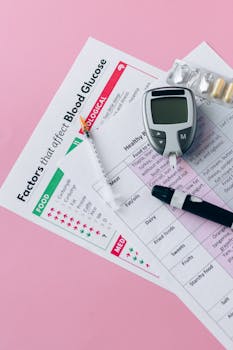 Glucometer, syringe, and health charts for diabetes management on pink background.